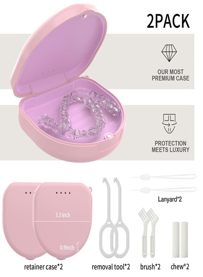 HEMILAB 2 Pack Retainer Case, Slim Aligner Case with Vent Holes and Silicone Liner, Compatible with Invisalign, Includes Removal Tool, Brush, Chews, Pink - Image 2