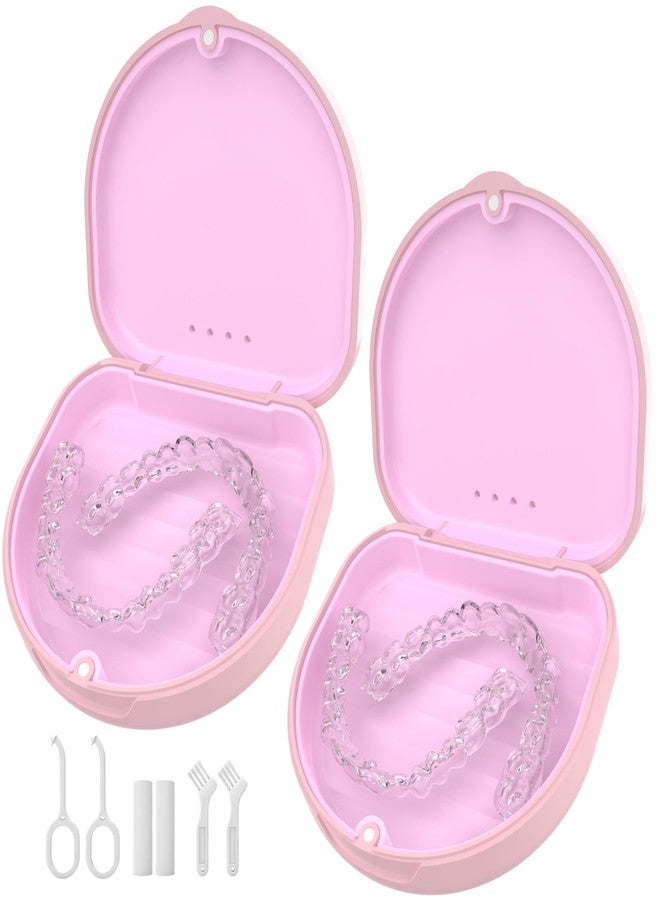 HEMILAB 2 Pack Retainer Case, Slim Aligner Case with Vent Holes and Silicone Liner, Compatible with Invisalign, Includes Removal Tool, Brush, Chews, Pink - Image 1