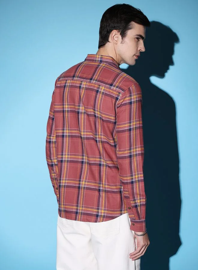 شركة المرآب الهندية Men Slim Fit Checkered Full Sleeves Cutaway Collar Casual Shirt