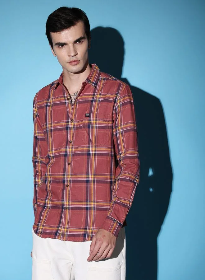 شركة المرآب الهندية Men Slim Fit Checkered Full Sleeves Cutaway Collar Casual Shirt
