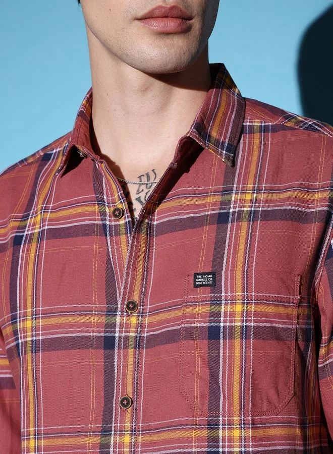شركة المرآب الهندية Men Slim Fit Checkered Full Sleeves Cutaway Collar Casual Shirt