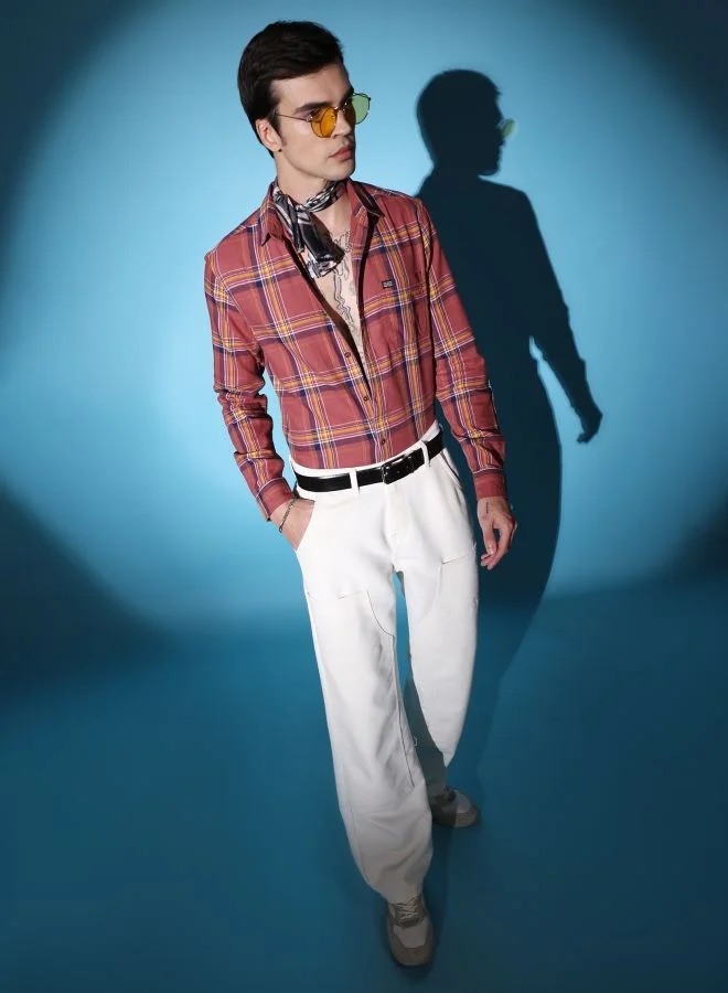 شركة المرآب الهندية Men Slim Fit Checkered Full Sleeves Cutaway Collar Casual Shirt