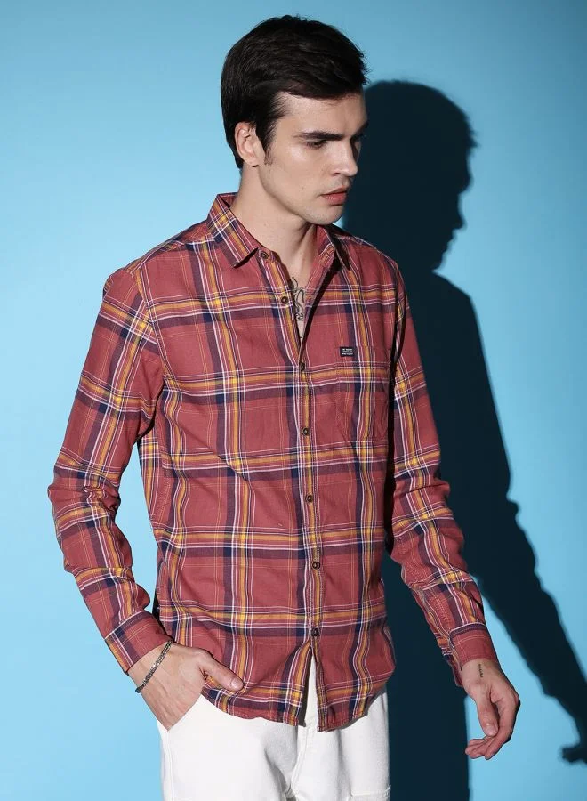 شركة المرآب الهندية Men Slim Fit Checkered Full Sleeves Cutaway Collar Casual Shirt