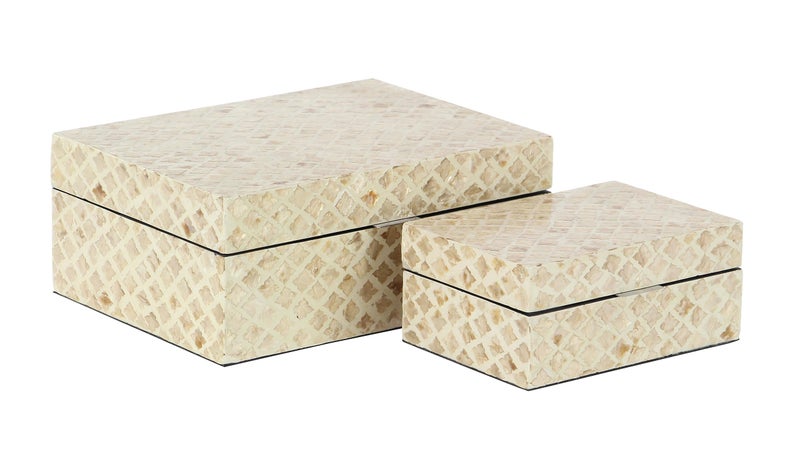 Deco 79 Mother of Pearl Shell Handmade Decorative Box Decorative Keepsake Boxes with Hinged Lid Set of 2 Storage Boxes 12 8W Cream