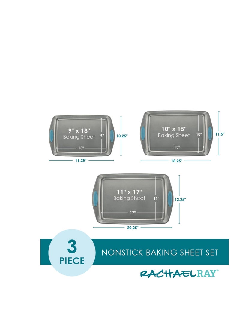 Rachael Ray Bakeware Nonstick Cookie Pan Set, 3-Piece, Gray with Agave Blue Grips - Image 2