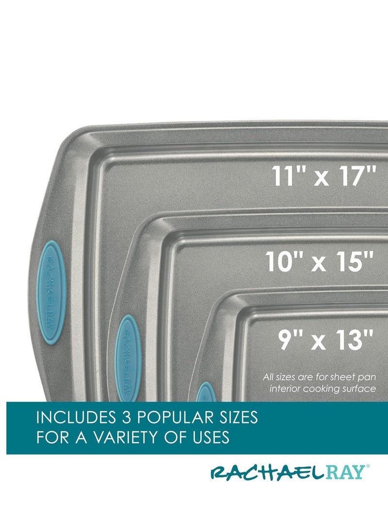 Rachael Ray Bakeware Nonstick Cookie Pan Set, 3-Piece, Gray with Agave Blue Grips - Image 5