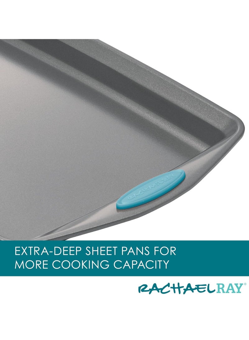 Rachael Ray Bakeware Nonstick Cookie Pan Set, 3-Piece, Gray with Agave Blue Grips - Image 4