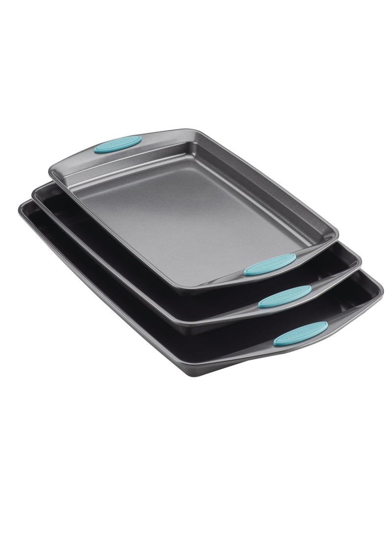 Rachael Ray Bakeware Nonstick Cookie Pan Set, 3-Piece, Gray with Agave Blue Grips - Image 1