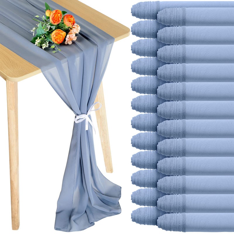 Chumia 24 Pack Chiffon Table Runners Romantic Sheer Table Decorations Long Tulle Runner for Wedding Bridal Shower Party Supplies Decor 118 x 12 Inches Dusty Blue