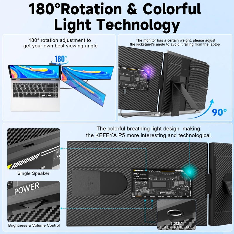 KEFEYA Laptop Screen Extender, 15.6" FHD 1080P IPS Laptop Monitor Extender Detachable, Portable Monitor for Laptops 13-17.3" with Breath Light, Plug n Play for Windows/Mac/Android/Switch/PS5 - Image 5