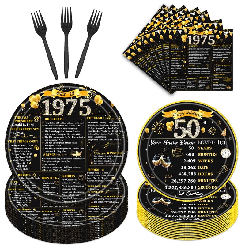 refavor 50th Birthday Decorations for Men Women  96PCS Back in 1975 Birthday Party Plates and Napkins Forks Supplies  Black and Gold Over the Hill Birhday Disposable Party Tableware Decor (24 Guests) - Image 1