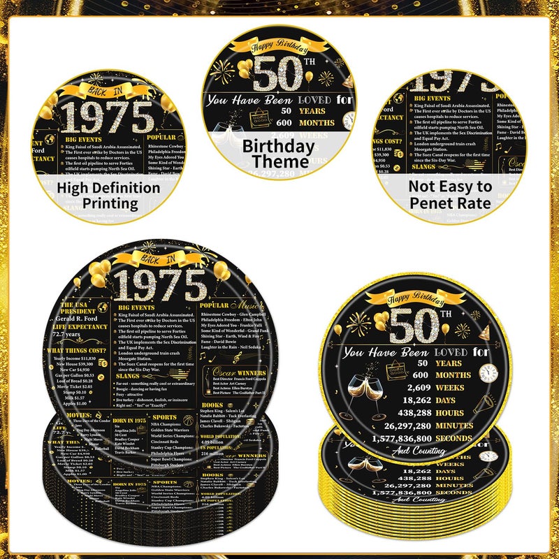 refavor 50th Birthday Decorations for Men Women  96PCS Back in 1975 Birthday Party Plates and Napkins Forks Supplies  Black and Gold Over the Hill Birhday Disposable Party Tableware Decor (24 Guests) - Image 2