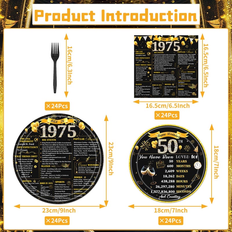 refavor 50th Birthday Decorations for Men Women  96PCS Back in 1975 Birthday Party Plates and Napkins Forks Supplies  Black and Gold Over the Hill Birhday Disposable Party Tableware Decor (24 Guests) - Image 3