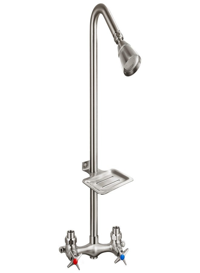 Aolemi Outdoor Shower Kit,Outdoor Shower Fixtures Faucet System with Brass Showerhead,Double Handle Exposed Shower with Brass Mix Valve,6 Inch Center with Soap Dish,Pipe Upward,Brushed Nickel - Image 1
