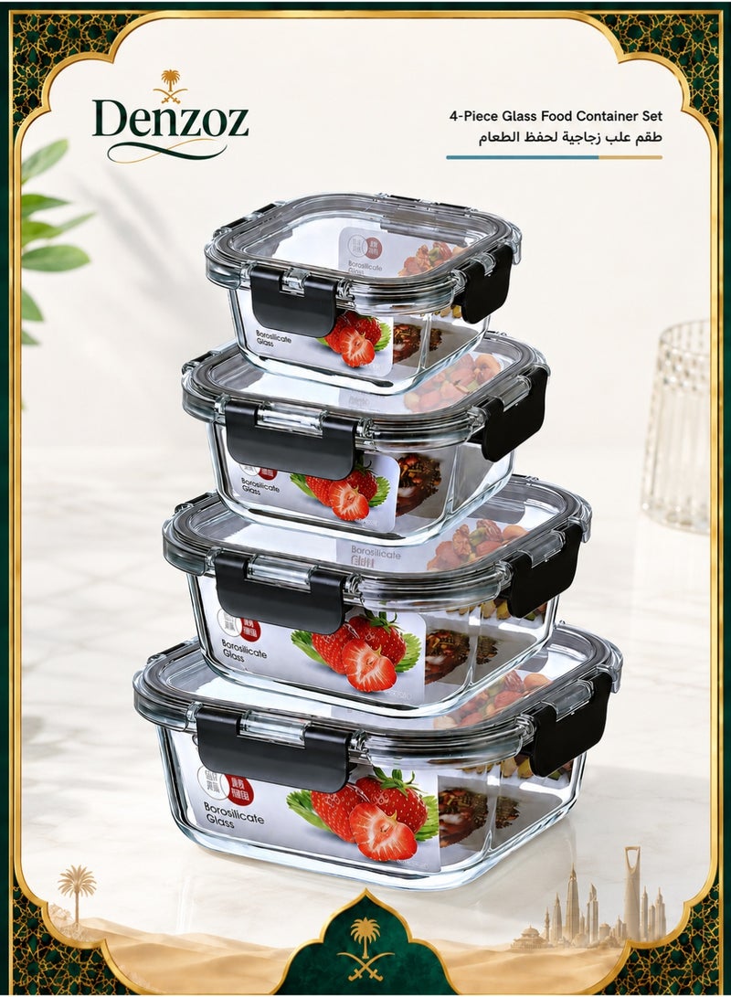 Denzoz Glass Food Storage Containers with Locking Lids Glass Meal Prep Containers with Lids Lunch Bento Boxes 1 Compartment 4pk Box Set Transparent Lids BPA Free and Dishwasher Safe - Image 1