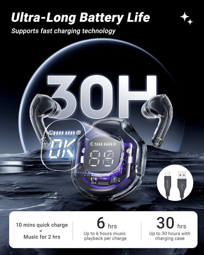 ACEFAST T8 Wireless Bluetooth 5.3 Headphones LED Power Display Mini Crystal in-Ear Earbuds with Wireless Charging Case Touch Control Built-in Mic Headphone for Sports Waterproof Earphone - Black - Image 3