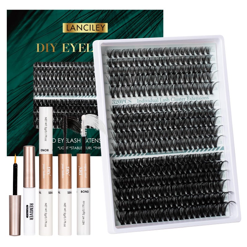 Lanciley Lash Clusters Kit 320PCS 11-20MM 40D 50D 100D Thick Volume Cluster Eyelash Extensions Natural Volume Lashes D Curly Eyelashes DIY Lash Extension Kit with Lash Bond + Seal + Remover + Tweezers-3 - Image 1