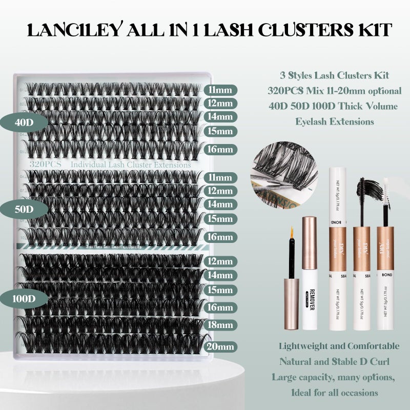 Lanciley Lash Clusters Kit 320PCS 11-20MM 40D 50D 100D Thick Volume Cluster Eyelash Extensions Natural Volume Lashes D Curly Eyelashes DIY Lash Extension Kit with Lash Bond + Seal + Remover + Tweezers-3 - Image 2