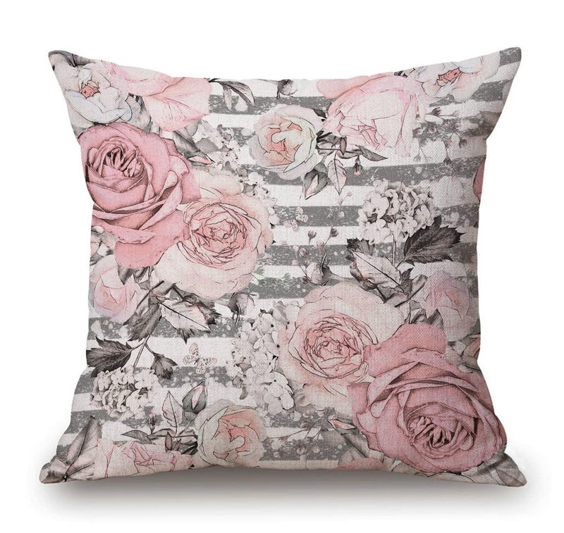Pink Gray Floral Flower Rose Pillow Cover Blossoming Spring Pretty Watercolor Beautiful Elegance Rustic Leaves Nature Plant Square Decorative Throw Pillow Case Cushion Cover 18 x 18 inch