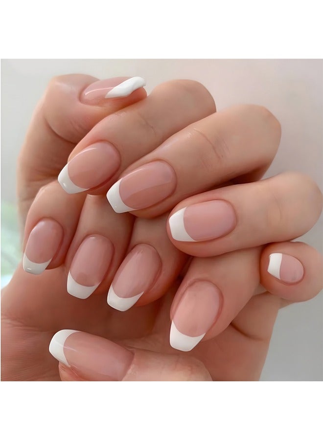 HS French Tip Press On Nails, Package Soft Gel French Fake Nails Short, Salon-Quality Press On Nails, Seamless Glue-On Nails For Woman Nail Art Manicure - Image 1