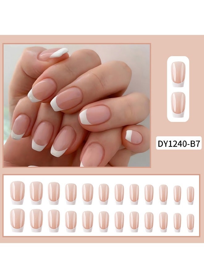 HS French Tip Press On Nails, Package Soft Gel French Fake Nails Short, Salon-Quality Press On Nails, Seamless Glue-On Nails For Woman Nail Art Manicure - Image 2