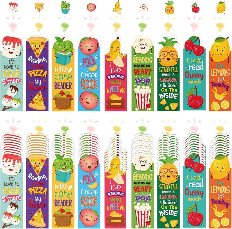 Tinlade 90 Pieces Scratch and Sniff Bookmarks Fruit Scented Bookmarks Fun Classroom Bookmarks 9 Styles Cute Marshmallow Pizza Apple Peach Banana Lemon Pineapple Cherry Bookmarks for Kids Girls Boys Student - Image 2