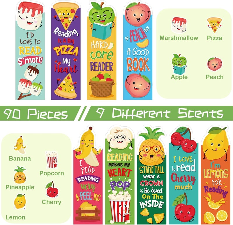 Tinlade 90 Pieces Scratch and Sniff Bookmarks Fruit Scented Bookmarks Fun Classroom Bookmarks 9 Styles Cute Marshmallow Pizza Apple Peach Banana Lemon Pineapple Cherry Bookmarks for Kids Girls Boys Student - Image 3