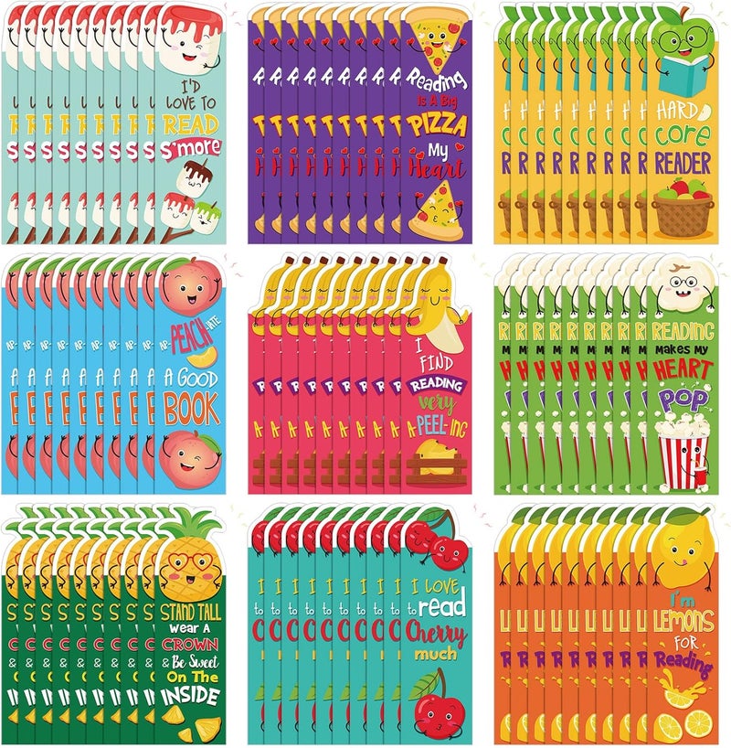 Tinlade 90 Pieces Scratch and Sniff Bookmarks Fruit Scented Bookmarks Fun Classroom Bookmarks 9 Styles Cute Marshmallow Pizza Apple Peach Banana Lemon Pineapple Cherry Bookmarks for Kids Girls Boys Student - Image 1
