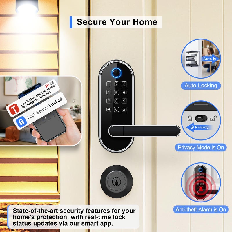 samtechT Bluetooth Fingerprint Smart Lock with Handle & Keypad â€“ Fits Most US Doors, DIY Install, Keyless Entry: Code, FOB, Auto-Lock. Ideal for Home, Airbnb, Rental, Kids, Seniors. Alexa & Google Compatible - Image 4