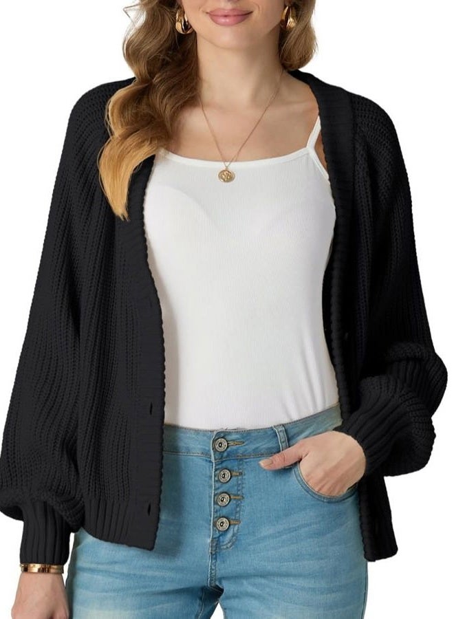 GRECERELLE Women's Chunky Open Front Long Sleeve V-Neck Button Knit Loose Cardigan Sweater Outerwear, S-2XL, A-black, L - Image 3
