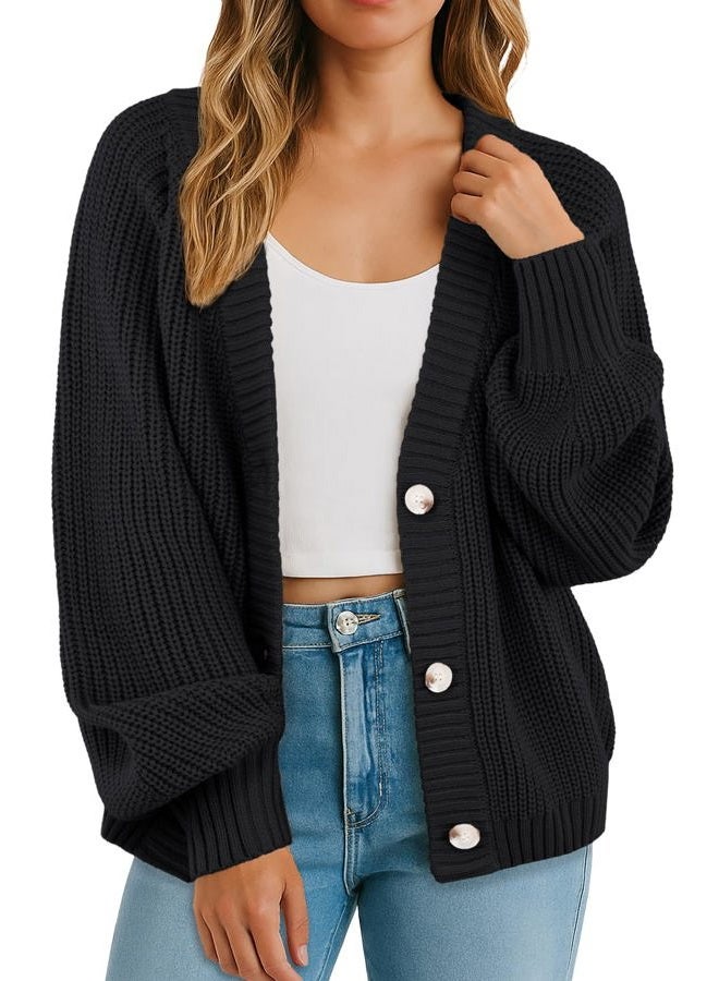 GRECERELLE Women's Chunky Open Front Long Sleeve V-Neck Button Knit Loose Cardigan Sweater Outerwear, S-2XL, A-black, L - Image 1