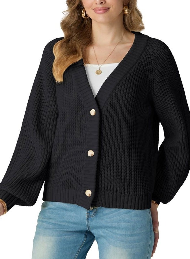 GRECERELLE Women's Chunky Open Front Long Sleeve V-Neck Button Knit Loose Cardigan Sweater Outerwear, S-2XL, A-black, L - Image 5