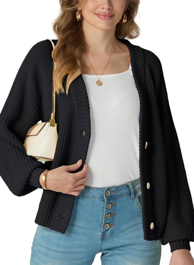GRECERELLE Women's Chunky Open Front Long Sleeve V-Neck Button Knit Loose Cardigan Sweater Outerwear, S-2XL, A-black, L - Image 2