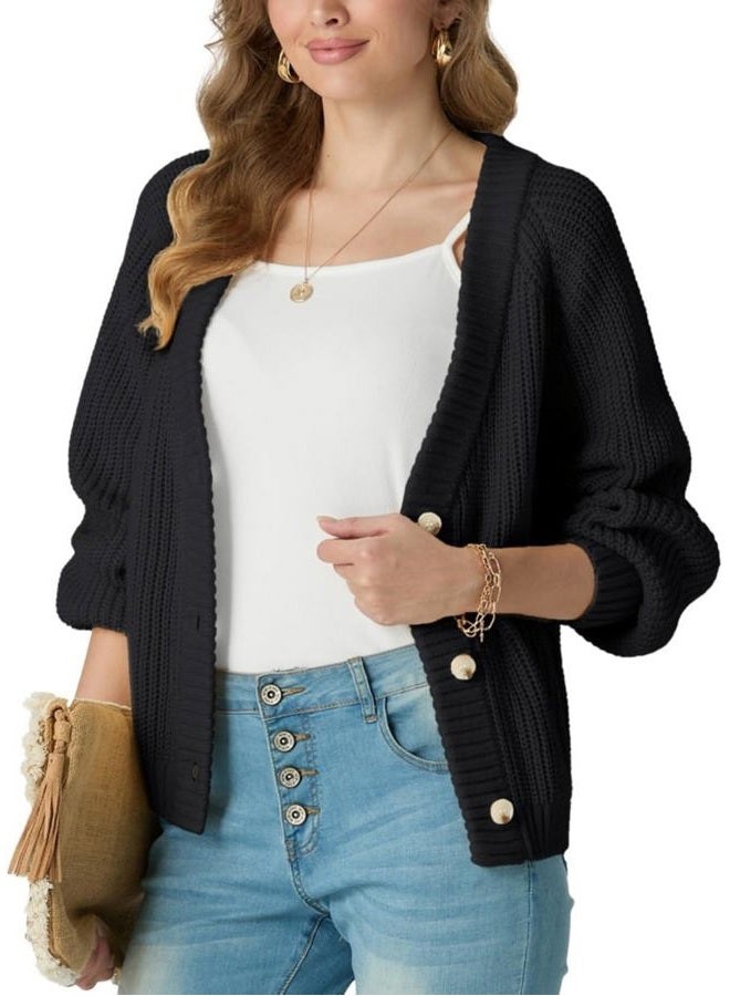 GRECERELLE Women's Chunky Open Front Long Sleeve V-Neck Button Knit Loose Cardigan Sweater Outerwear, S-2XL, A-black, L - Image 4