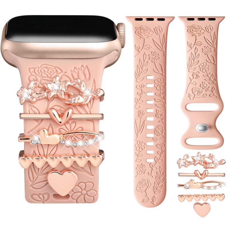 DaQin Flower Engraved Band Compatible with Apple Watch Bands for Women 40mm 38mm 41mm 42mm, Soft Silicone Strap With Dressy Decorative Apple Watch Charms for iWatch Series 11 10 9 8 7 6 5 4 3 2 1 SE - Image 1