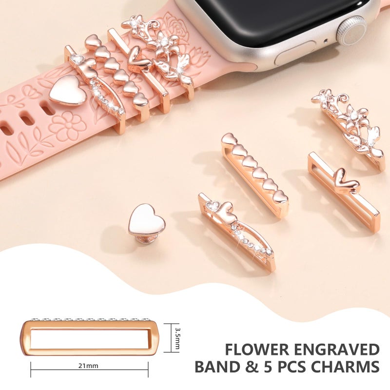 DaQin Flower Engraved Band Compatible with Apple Watch Bands for Women 40mm 38mm 41mm 42mm, Soft Silicone Strap With Dressy Decorative Apple Watch Charms for iWatch Series 11 10 9 8 7 6 5 4 3 2 1 SE - Image 4