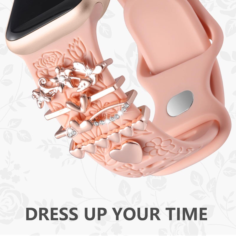DaQin Flower Engraved Band Compatible with Apple Watch Bands for Women 40mm 38mm 41mm 42mm, Soft Silicone Strap With Dressy Decorative Apple Watch Charms for iWatch Series 11 10 9 8 7 6 5 4 3 2 1 SE - Image 3