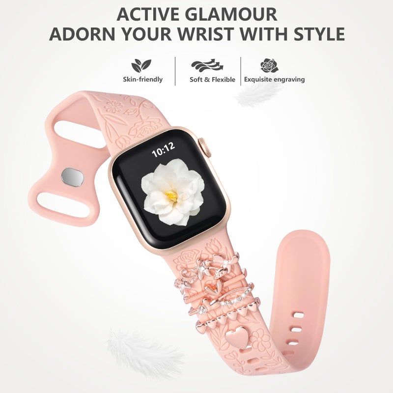 DaQin Flower Engraved Band Compatible with Apple Watch Bands for Women 40mm 38mm 41mm 42mm, Soft Silicone Strap With Dressy Decorative Apple Watch Charms for iWatch Series 11 10 9 8 7 6 5 4 3 2 1 SE - Image 5