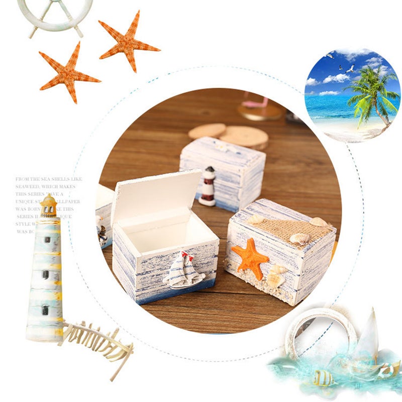 Mediterranean Wooden Storage Box Treasure Storage Nautical Decoraiton Desktop Wooden Box Jewelry Sundries Case Organizer Gift Box Candy Box (Sea Star Pattern) - Image 5