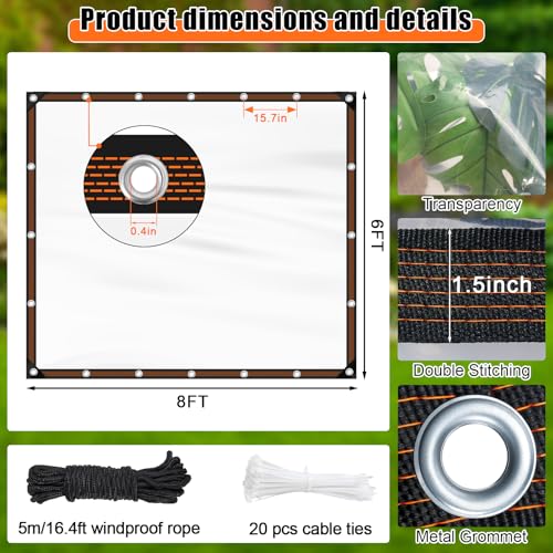 ZYP 2PCS 6x8 FT Heavy Duty Clear Waterproof Tarps Outdoor Garden Rainproof CoveringClear Vinyl Tarp with GrommetsTransparent Waterproof Tarpaulin for Covering Henhouse Porch Canopy Plant Camping - Image 3