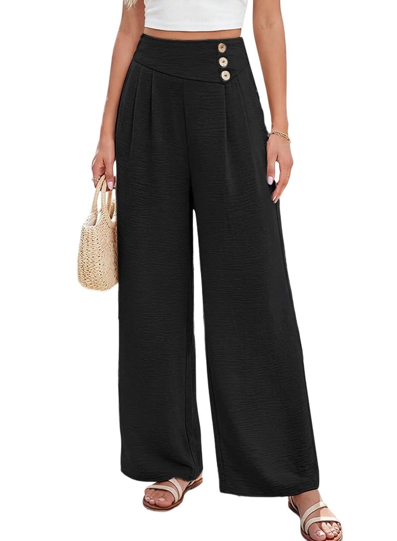 EVALESS Wide Leg Pants Woman Summer High Waisted Loose Trouses Beach Vacation Clothes Black M - Image 1