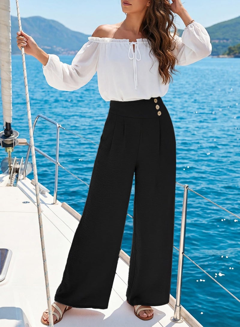 EVALESS Wide Leg Pants Woman Summer High Waisted Loose Trouses Beach Vacation Clothes Black M - Image 4