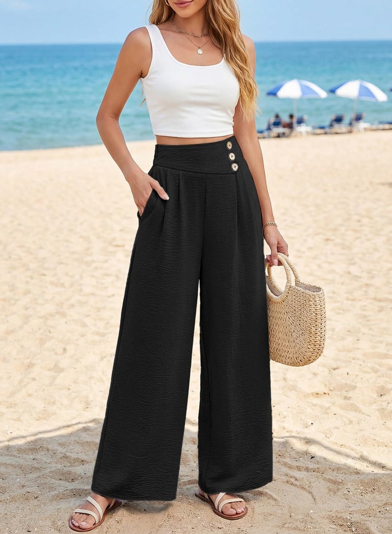 EVALESS Wide Leg Pants Woman Summer High Waisted Loose Trouses Beach Vacation Clothes Black M - Image 3