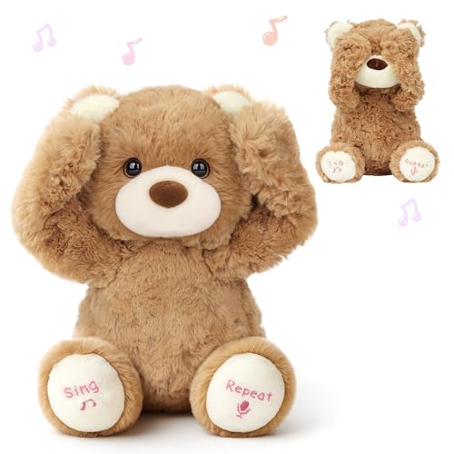 Hopearl Peek A Boo Bear Interactive Repeats What You Say Plush Teddy Bear Toy Musical Singing Talking Stuffed Animal Adorable Electric Animate Gift for Toddlers Brown 11 - Image 1