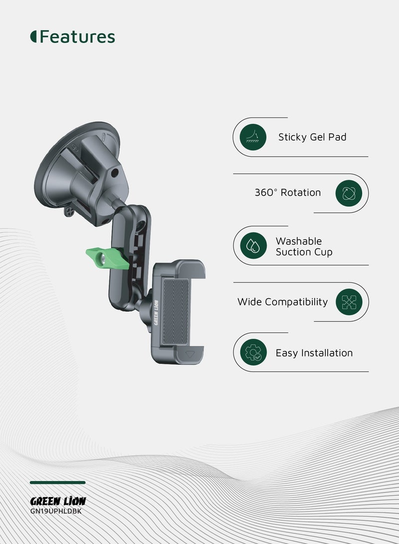 GREEN LION Universal Phone Holder GX-19 / Dashboard / Windshield / Window / Secure Grip / Durable Aluminum / Wide Compatibility / 360° Rotation / Car Phone Mount - Black - Image 4