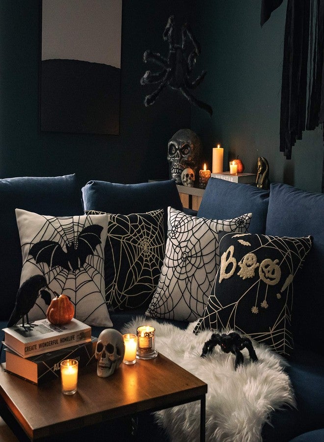Phantoscope Set of 4 Happy Halloween Decorative Throw Pillow Covers, Handcrafted Embroidery Spider Web Black Bats and Cute Ghost Pillowcase Cushion Cover, Black and White, 18 x 18 inch, 45 x 45 cm - Image 3