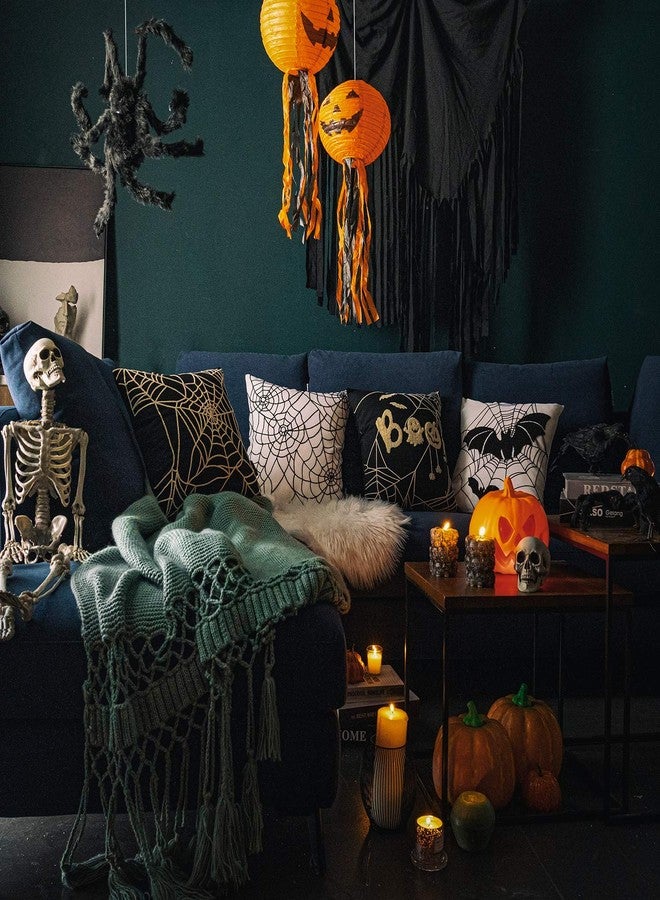 Phantoscope Set of 4 Happy Halloween Decorative Throw Pillow Covers, Handcrafted Embroidery Spider Web Black Bats and Cute Ghost Pillowcase Cushion Cover, Black and White, 18 x 18 inch, 45 x 45 cm - Image 2