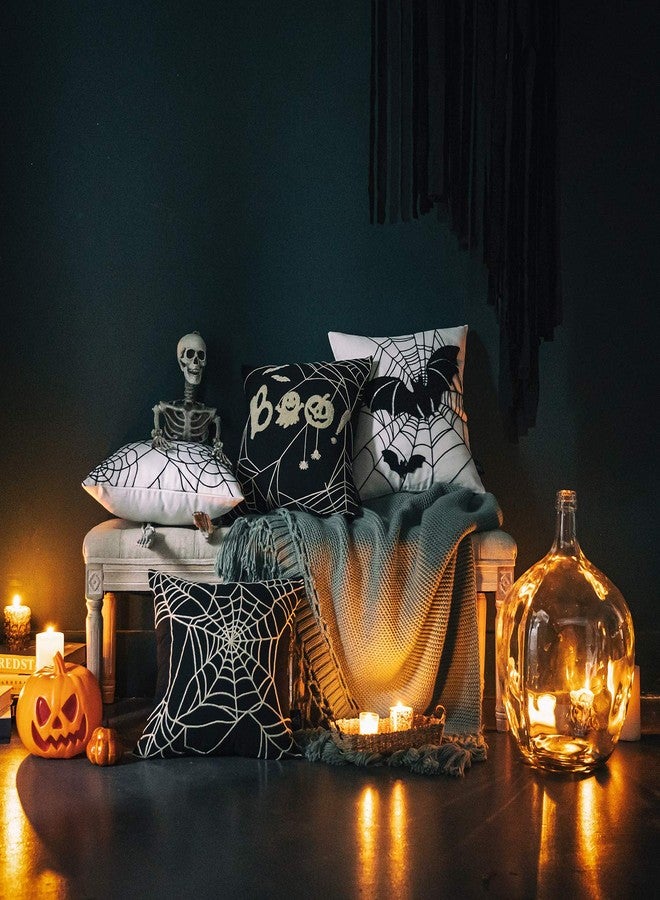 Phantoscope Set of 4 Happy Halloween Decorative Throw Pillow Covers, Handcrafted Embroidery Spider Web Black Bats and Cute Ghost Pillowcase Cushion Cover, Black and White, 18 x 18 inch, 45 x 45 cm - Image 4