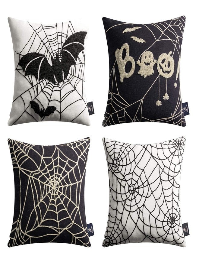 Phantoscope Set of 4 Happy Halloween Decorative Throw Pillow Covers, Handcrafted Embroidery Spider Web Black Bats and Cute Ghost Pillowcase Cushion Cover, Black and White, 18 x 18 inch, 45 x 45 cm - Image 1