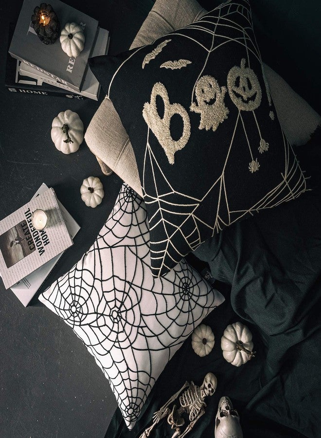 Phantoscope Set of 4 Happy Halloween Decorative Throw Pillow Covers, Handcrafted Embroidery Spider Web Black Bats and Cute Ghost Pillowcase Cushion Cover, Black and White, 18 x 18 inch, 45 x 45 cm - Image 5